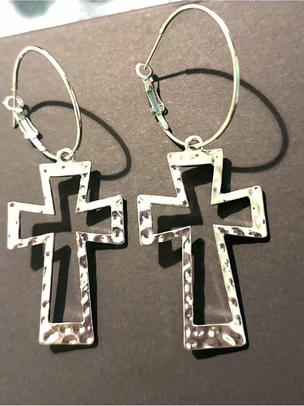 Silver Cross Hoop Dangle Earrings